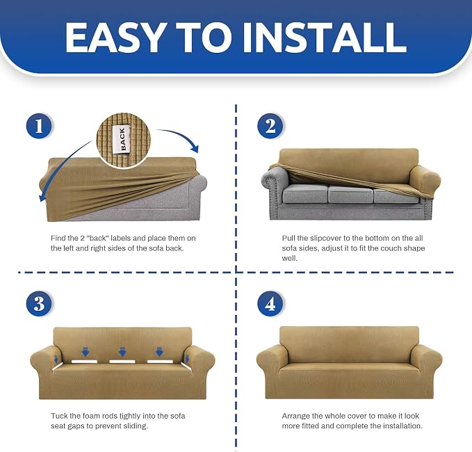 Stretch Couch Covers for Sofa, 3 Cushion Couch Slipcover, Tan | 1-Piece - Image 6