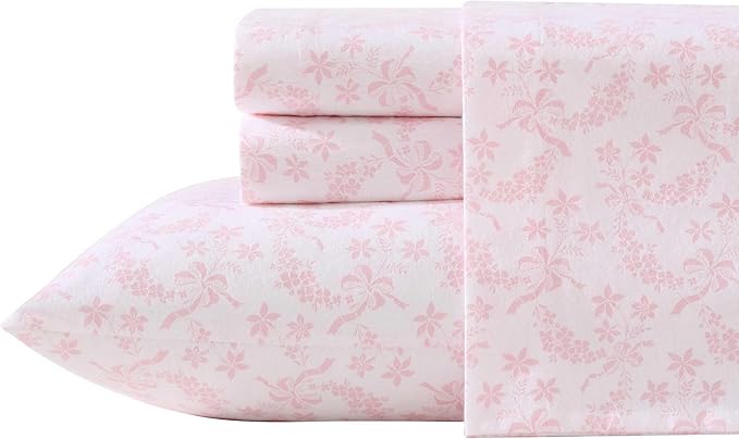 Laura Ashley - Flannel Sheets King Size, Anti-Pilling & Wrinkle Resistant Cotton, Touchably Soft for All-Season Comfort - Bed Sheets with Matching Pillowcases & Fitted Sheet (Antoinette Pink)