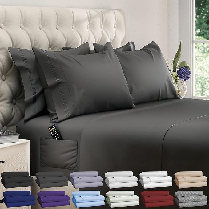 DREAMCARE Queen Sheet Set – 6 pcs Cooling Bed Sheets – up to 21” Deep Pocket Queen Sheets Set – 2500 Supreme Collection – Extra Soft 100% Brushed Microfiber Hotel Luxury with Side Pocket – Gray
