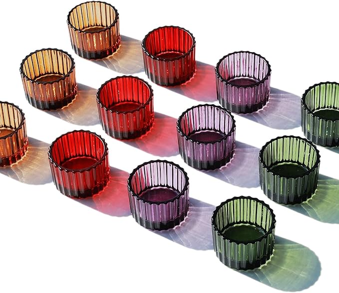 VOHO 4 Colors Tealight Candle Holder Fall Decor Set of 12, Votive Candle Holders for Table Centerpiece, Ribbed Tea Light Candle Holder Glass for Halloween/Thanksgiving/Christmas Decorations/Gifts