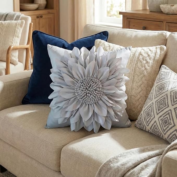 Grey Accent 3D Flower Decorative Throw Pillow Covers - Image 2