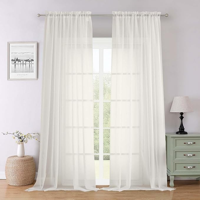Ivory Sheer Curtains 96 Inches Long 2 Panels Set, Solid Airy Voile Dual Rod by Lecloud