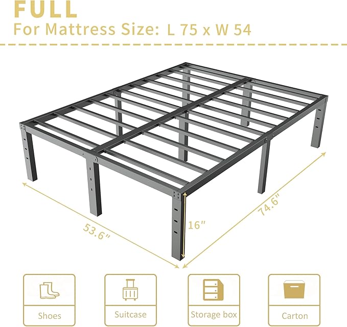 ALDRICH Metal Full Size Bed Frame - 16 Inch Tall Black Basic Steel Slats Platform, Easy Assembly Heavy Duty Noise Free Bedframes, No Box Spring Needed