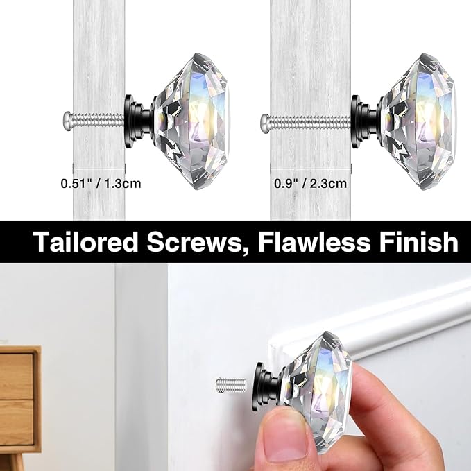 POZEAN Crystal Cabinet Knobs 30Pack, 1.57inch Dresser Knobs for Cabinet, Drawer with Two Different Sizes Screws, Diamond Glass Pulls Handles (40mm, 30Pack, Clear-Black)