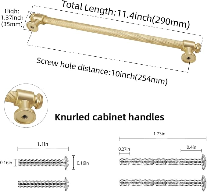 10 Pack 10 inch(254mm) Brushed Brass Kitchen Cabinet Handles Knurled Cabinet Pulls Gold Drawer Pulls Kitchen Cabinet Hardware Kitchen Handles Drawer Pulls Dresser Handles