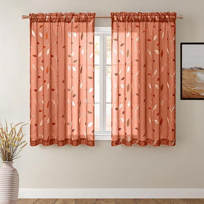 MIULEE Burnt Orange Sheer Fall Curtains 2 Panels Leaf Patterned, W52 x L54 | by MIULEE