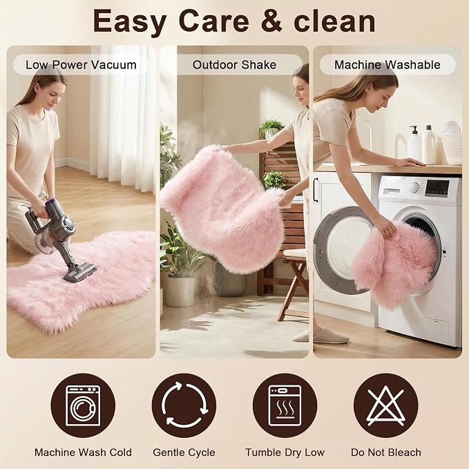 duduta Pink Faux Fur Rug 2x3 ft, Small Fluffy Bedside Rug Seat Covers | Shag - Image 4