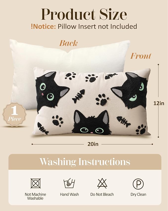 Embroidered Lumbar Pillow Cover 20x12 Inch, Cat Bone | Decorative Throw Pillow - Image 4
