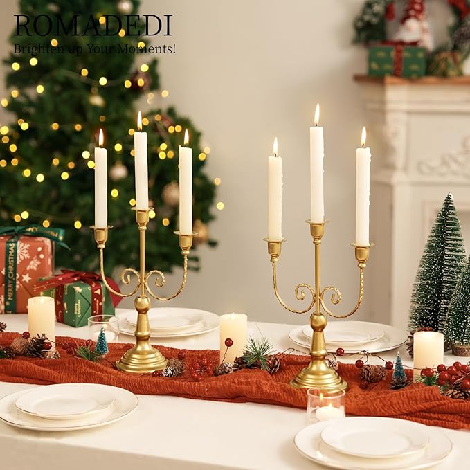 Romadedi Candelabra Gold Candle Holders - 3 Arm 11.8" Wedding Candlestick Holder for Theme Party Table Centerpiece Decor Dining Room Birthday Holiday Christmas