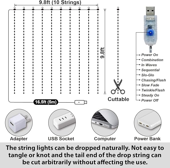 HXWEIYE 300LED Fairy Curtain Lights, 9.8x9.8Ft USB Plug-in 8 Modes Christmas String Hanging Lights with Remote for Bedroom Backdrop Wedding Party Indoor Wall Decor, Multicolor, Tangle-Free