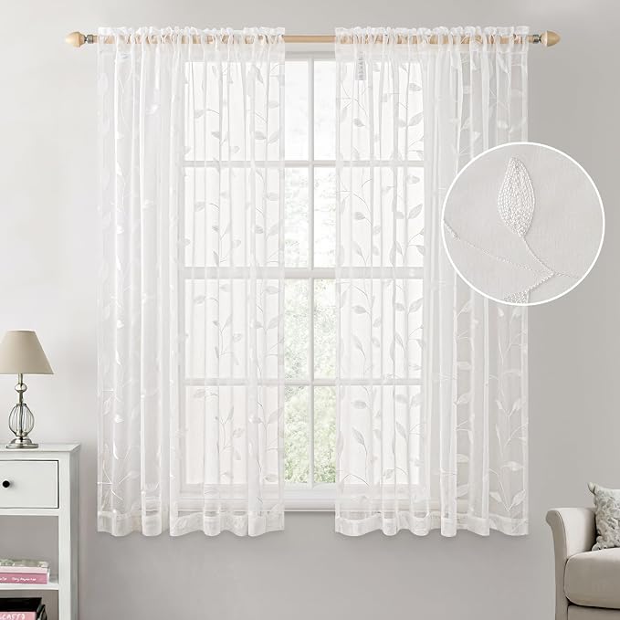 MIULEE White Sheer Curtains 2 Panels Embroidered Leaf Patterned, W52 x L63 | - Image 2