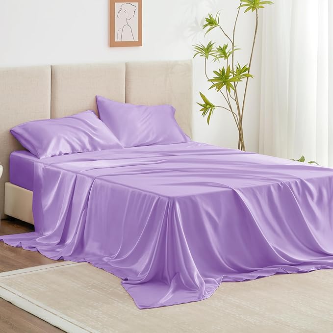 Love's cabin Twin XL Satin Sheet Sets - 3 Piece Lavender Silky Bed Sheets with Deep Pockets, Luxury Silk Feel Satin Sheet Set Twin XL (1 Flat Sheet,1 Fitted Sheet,1 Pillow case)