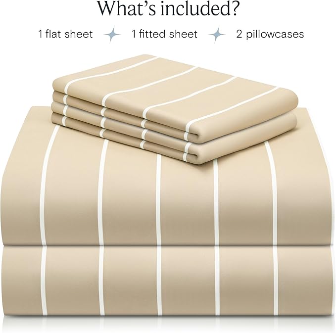 LuxClub 4 PC King Size Sheet Set Bed Sheets, Breathable Luxury Deep Pockets Wrinkle Free Cooling Sheets Machine Washable Hotel Bedding (King, Striped Cream)