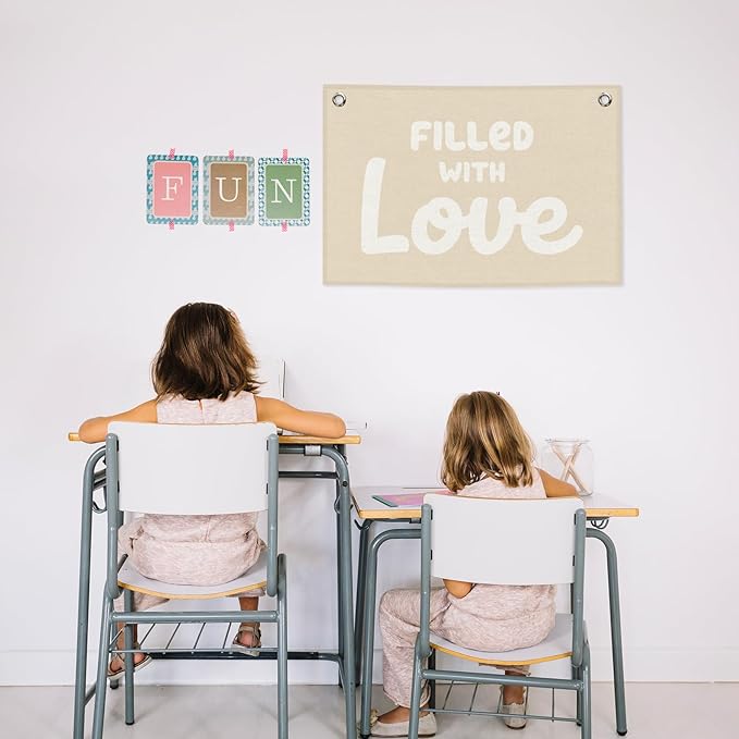 Nursery Kids Banner Canvas, Boho Beige Toddler Room Decor, Filled with Love Hanging Flag Sign, Inspirational Wall Tapestry Art for Baby Shower Classroom Playroom Bedroom Decor 20x30in
