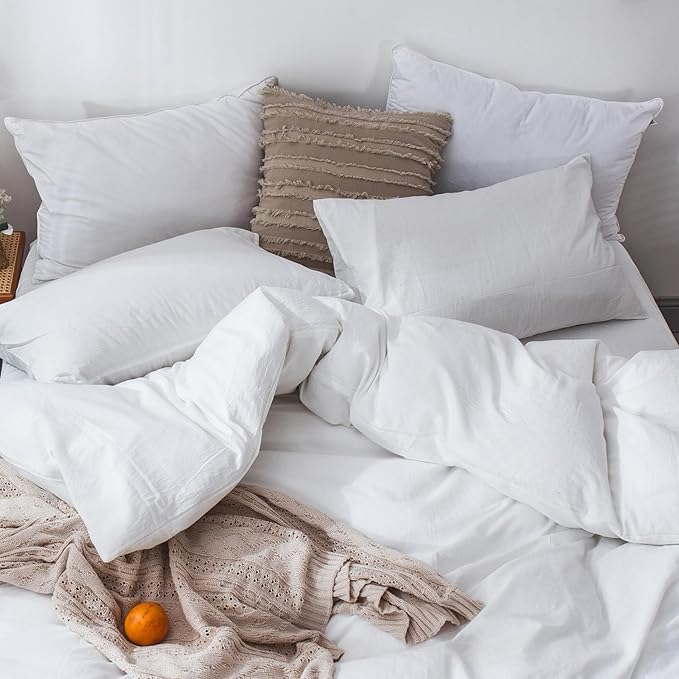 MooMee Bedding Duvet Cover Set 100% Washed Cotton Linen Like Textured Breathable Durable Soft Comfy (Solid Off White, Super Queen 90"x98")