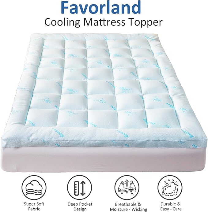 Favorland Mattress Topper King Size - Cooling Extra Thick Breathable Viscose Made from Bamboo Mattress pad - Soft Quilted Fitted Mattress Cover with 900 GSM Down Alternative Fill (8-21”Deep Pocket)