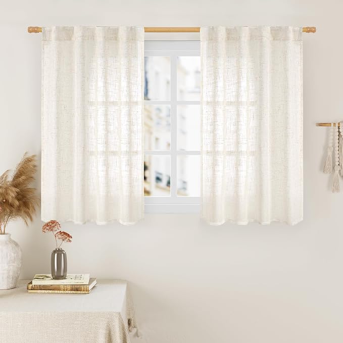 Cream Linen Curtains 40 Inch for Kitchen Window Over Silk, 2 Panels | Light by LAMIT