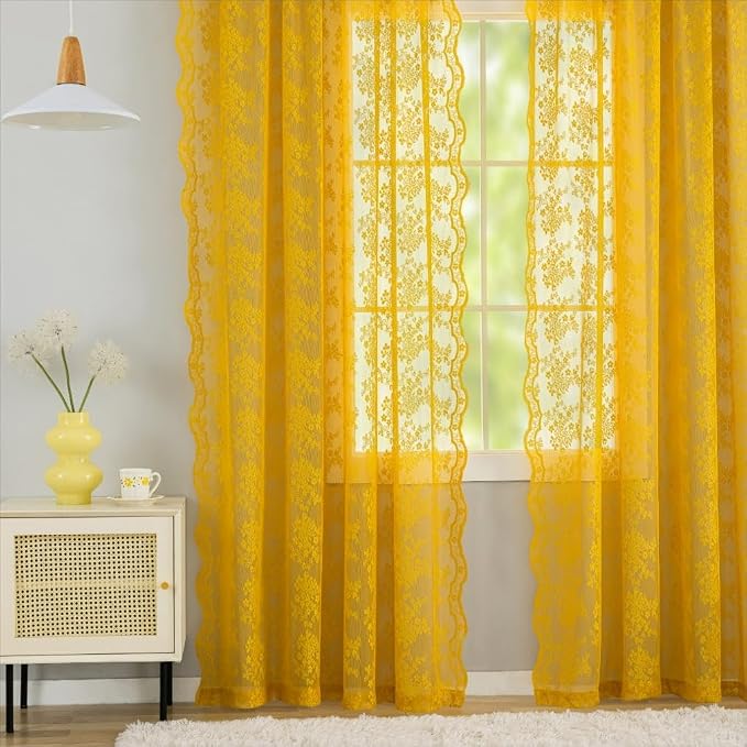YJ YANJUN Vintage Lace Curtains 96 Inches Long-Victorian Floral Mustard Yellow - Image 5