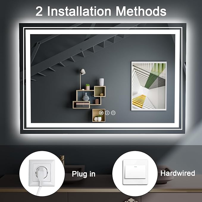 LED Bathroom Mirror, 40"X28" with Front and Backlit, Anti-Fog, Bathroom Vanity Mirror for Wall, Memory Function, Stepless Dimmable, Tempered Glass (Horizontal/Vertical)