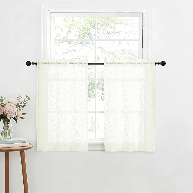Furman Cafe Curtains 30 Inch Length 2 Panels Set, Elegant Geometric Jacquard - Image 2