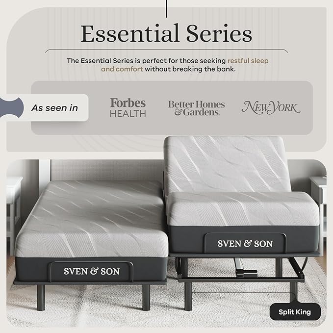 Sven and Son Essential Adjustable Bed Base (Frame) + 10 inch Memory Foam Matt (Firm), Easy Assembly, Head and Foot Lift, Memory Positions, Zero Gravity, Wireless Remote - Split King