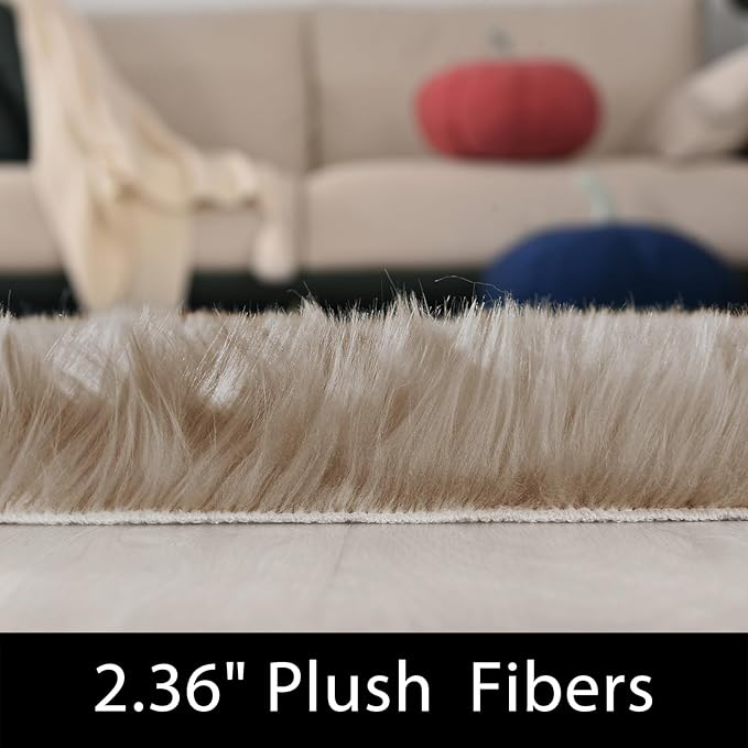 Latepis Beige Faux Fur Rug 8x10, Faux Fur Sheepskin Rug - Image 2