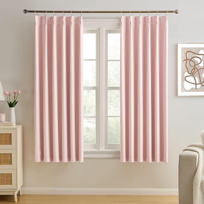 Pinch Pleated Pink Blackout Curtains 63 Inches Long, Sound & Light Reducing by KEQIAOSUOCAI