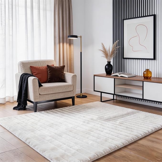 White Rabbit Striped Plush Rug 3'x5', Fluffy Faux Fur Shaggy Area Rug by CHOVY