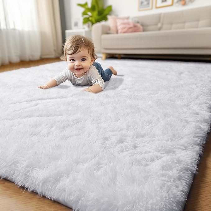 Amdrebio White Fuzzy Furry Small Kids Area Rug 3x5 by Amdrebio