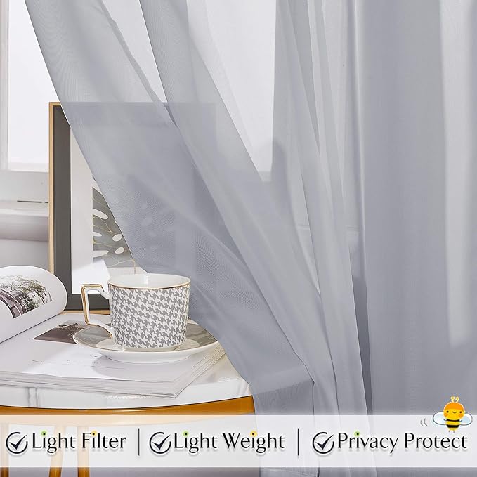 RYB HOME Sheer Curtains Valances-Bed Curtains, Kids Room Breezy Bedroom Window Valance Scarf for Canopy Frame Living Room Backdrop Table Runner,60 x 216 inch Long per Panel, 2 Panels, Dove Grey,Adult