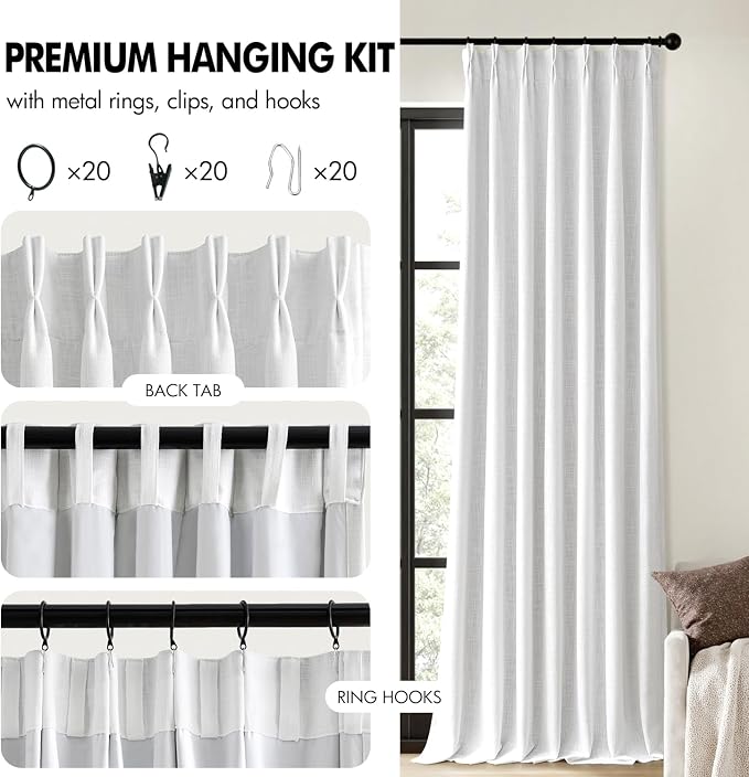 MIULEE White Pinch Pleated 100% Blackout Linen Curtains 40x96 Inches | Room - Image 8