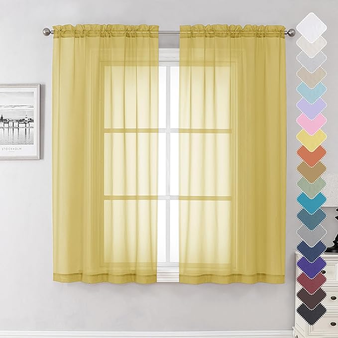 Yellow Sheer Curtains 63 Inch Length 2 Panels, Light Filtering Voile Curtain by Lecloud