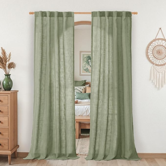 Sage Green Linen Boho Curtains 80 inch Length 2 Panels by LAMIT