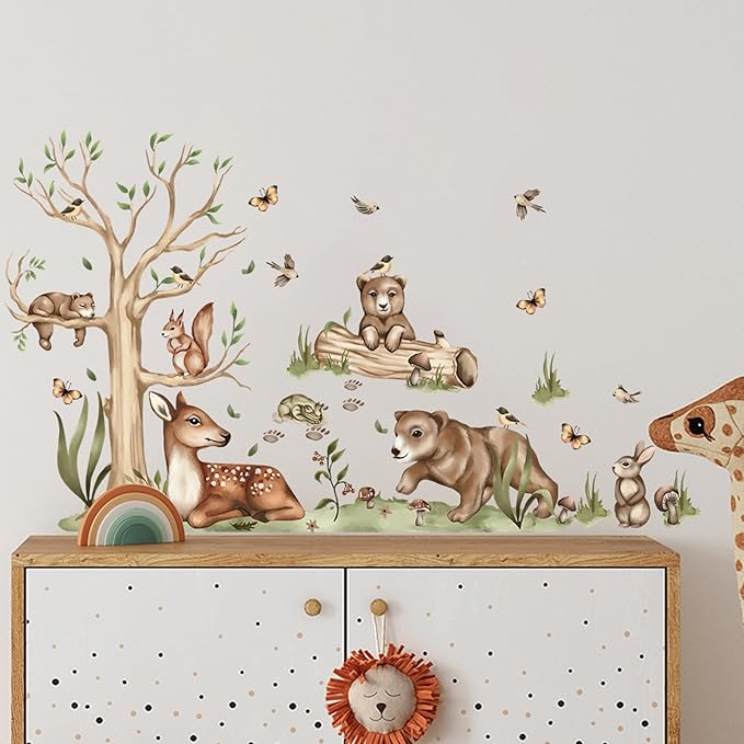 Jungle Animal Wall Stickers Forest Safari Wall Decals Kid Room Nursery Baby Bedroom Décor (Bear Spotted Deer Tree)