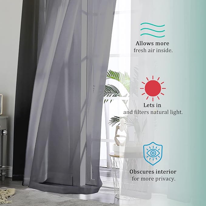 Black Sheer Curtains 72 Inches Long 2 Panels, Transparent Voile Sheer Curtain - Image 4