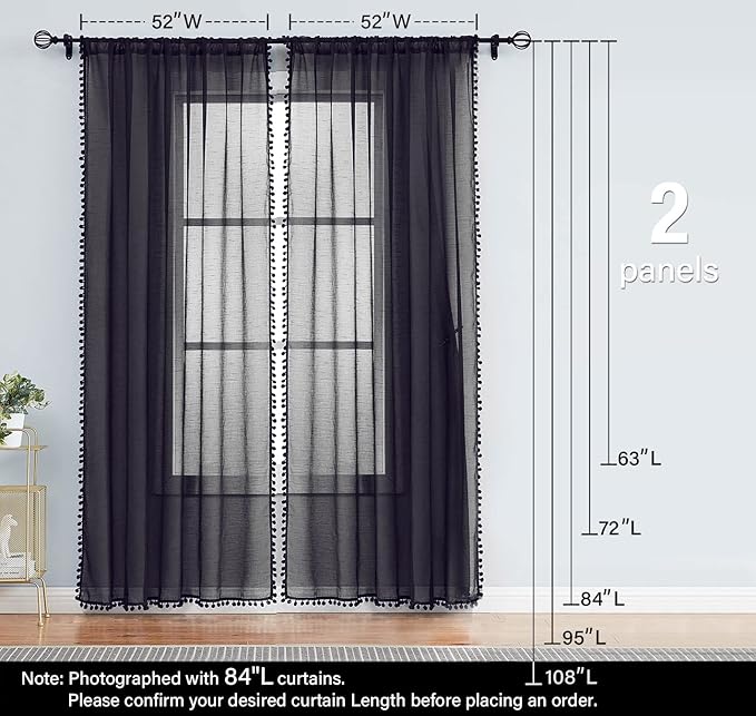 Treatmentex Black Sheer Curtains for Living Room 95" Linen Texture Chic Curtain Panels Pom Pom Trimmed Voile Drapes for Bedroom Office Children's Room 2pcs