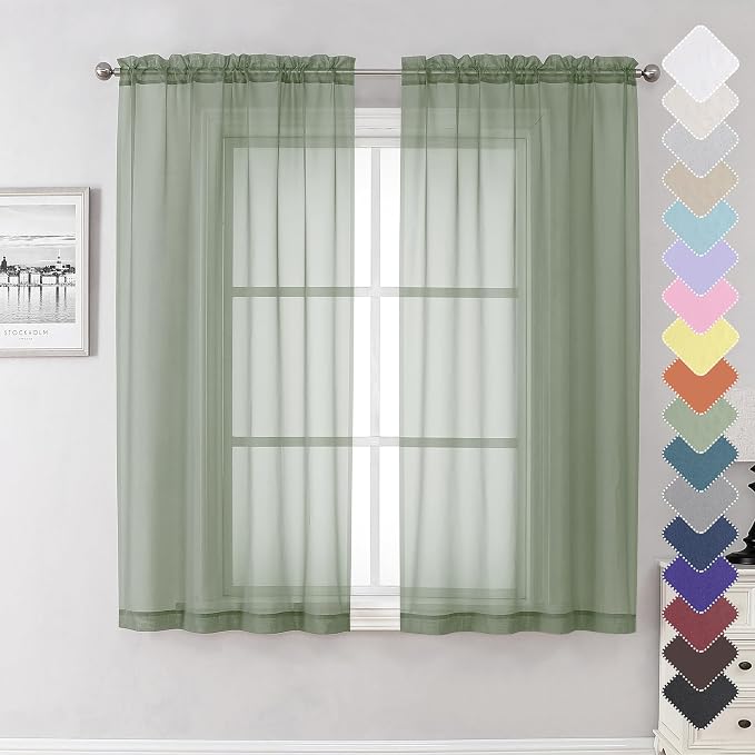 Sage Green Sheer Curtains 63 Inch Long 2 Panels, Elegant Voile Drapes by Lecloud