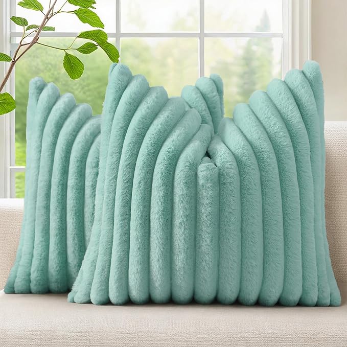 decorUhome Fall Faux Fur Throw Pillow Covers 22x22 Set of 2 Aqua | Decorative by decorUhome