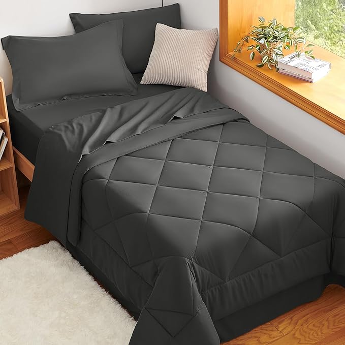 CozyLux Twin XL Comforter Set Dark Grey - 5 Pieces Twin Extra Long Bed in a Bag for College Dorm, All Season Bedding Set for Girls and Boys, Soft Bed Set with Comforter, Sheets, Pillowcase & Sham