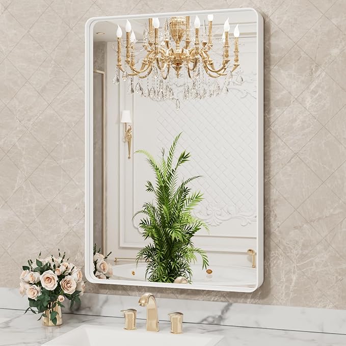 LOAAO 20x30 Inch White Metal Framed Bathroom Mirror for Wall, White Bathroom Vanity Mirror Farmhouse, Large Rounded Rectangle Mirror, Anti-Rust, Hangs Horizontally or Vertically