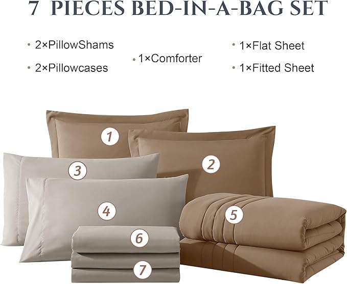 Monbix Queen Comforter Set - 7 Pieces Raw Umber Bed in a Bag Queen Bedding Sets with Comforters, All Seasons Down Alternative Comforter Bed Set with Sheets,Pillowcases & Shams