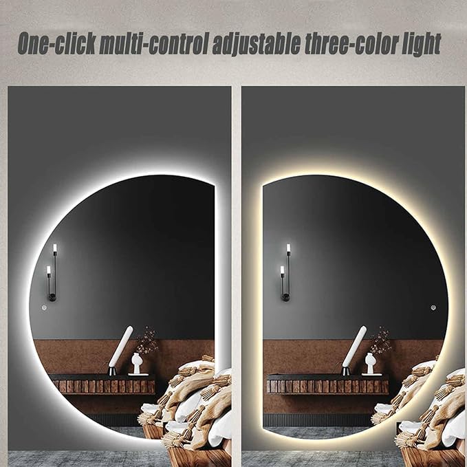 Half Moon LED Bathroom Mirror, Frameless Backlit Wall Mirror, Anti-Fog Smart Vanity Mirror,3 Colors Lights Dimmable Brightness and Time,Touch Switch(Left Semicircle, 110 * 77)