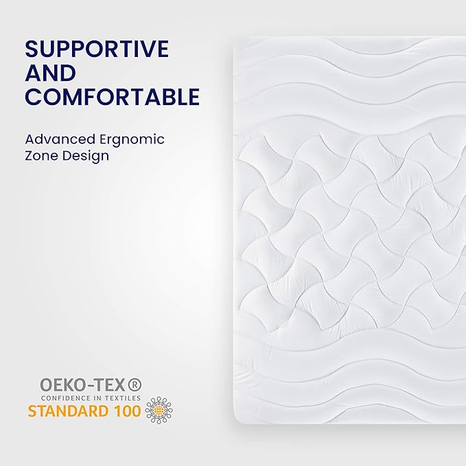 SLEEP ZONE Cooling Queen Mattress Topper, Premium Zoned Cool Mattress Pad Cover, Padded Mattress Protector Breathable Washable, Deep Pocket 8-21" (White, Queen)