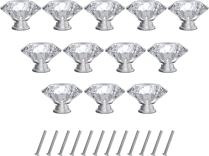 Tomorotec 12-Pack 30mm Crystal Clear Glass Silver Base Cabinet Drawer Pulls, Diamond Shape Cupboard Knobs with Screws for Kitchen, Dresser, Cupboard, Bathroom, Wardrobe (1.2 inch/30mm)