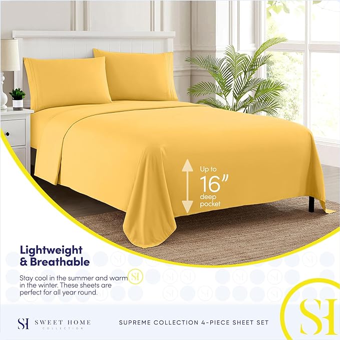1800 Supreme Collection - Breathable Luxury California King Sheet Set with Full Elastic & Secure Corner Straps Built In, Cal King Deep Pocket Bedding, Yellow