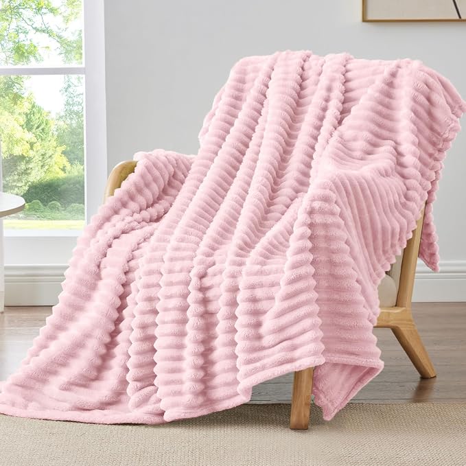 BEDELITE Striped Fleece Throw Blanket, Cherry Blossom, Soft Cozy, Lightweight by BEDELITE