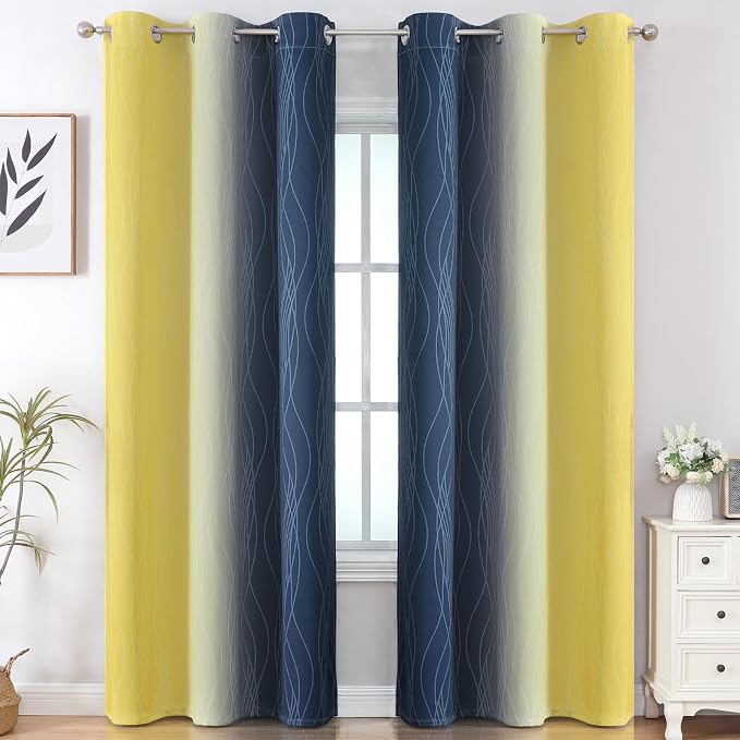 Navy Blue and Yellow Ombre Blackout Curtains - Image 2