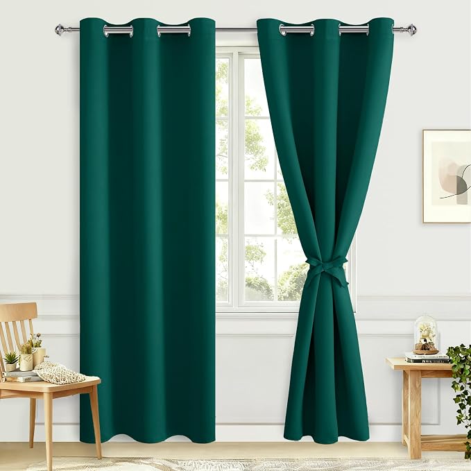Blackout Curtains for Bedroom, Hunter Green, 38 x 84 Inch, 2 Panels | Thermal by Hiasan