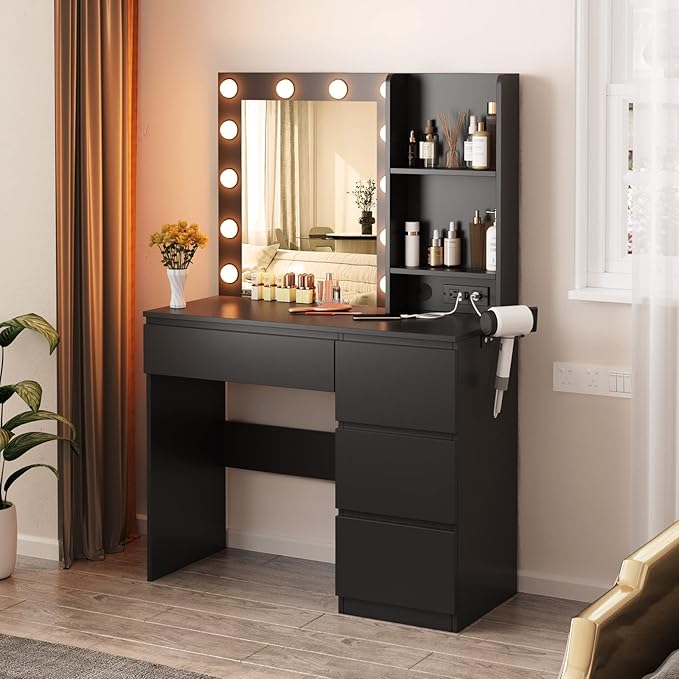 Vabches Makeup Vanity with Lights, 37inch Vanity Desk with Power Strip, 4 Drawers Makeup Table with Lighted Mirror, 3 Lighting Colors,Black
