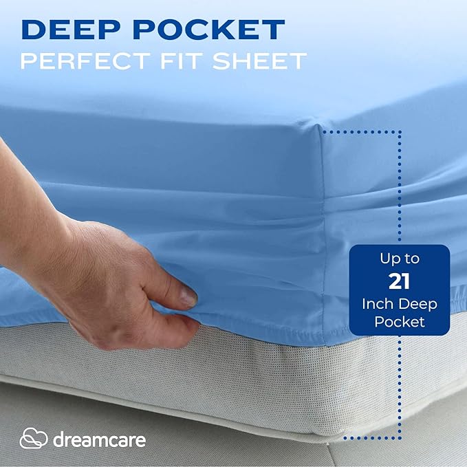 DREAMCARE California King Sheet Sets – 4 pcs Cooling Sheets – up to 21” Deep Cal King Sheets – Hotel Luxury Pillowcases – Superior Softness 100% Fine Microfiber with Side Pocket – Light Blue